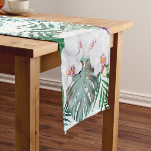 Tropical leaves and orchid flowers design short table runner
