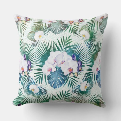 Tropical leaves and orchid flowers design throw pillow