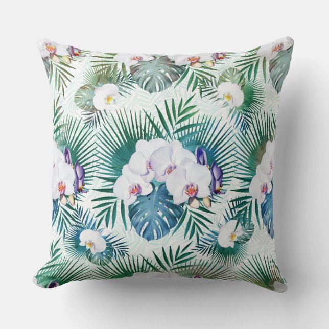 Tropical leaves and orchid flowers design throw pillow (Front)