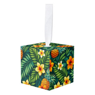 Tropical leaves and pineapple pattern cube ornament