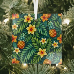 Tropical leaves and pineapple pattern glass ornament