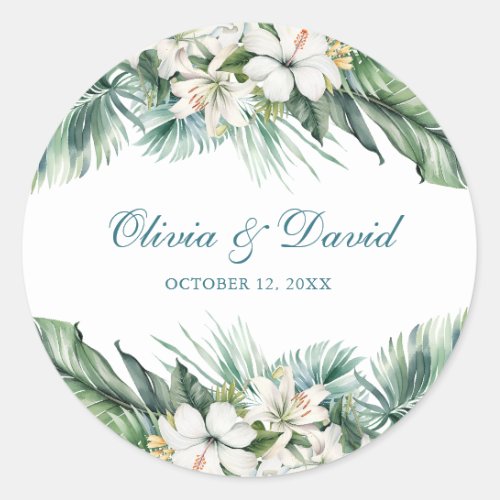 Tropical leaves and White Flowers Wedding Classic Round Sticker