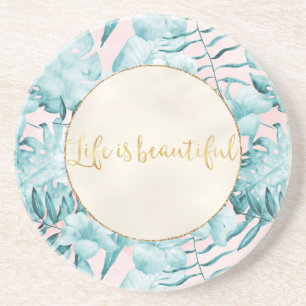 Tropical Leaves Aqua Gold          Coaster