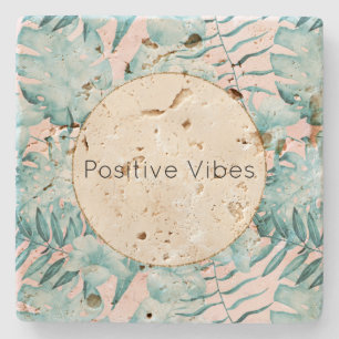 Tropical Leaves Aqua Gold Personalized Stone Coaster
