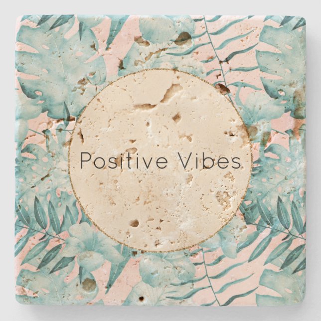 Tropical Leaves Aqua Gold Personalized Stone Coaster (Front)