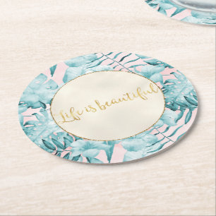Tropical Leaves Aqua Gold            Round Paper Coaster