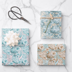 Tropical Leaves Aqua Pink Wrapping Paper Sheets