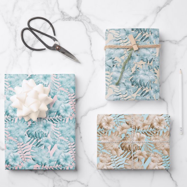 Tropical Leaves Aqua Pink   Wrapping Paper Sheets (Front)