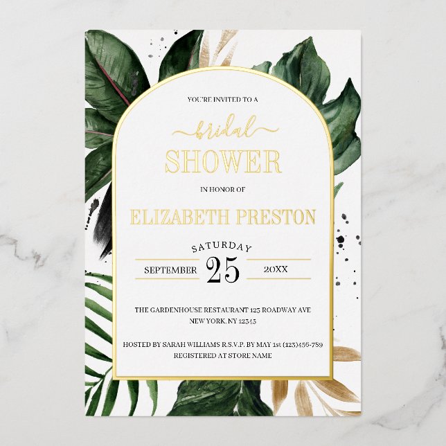 Tropical Leaves Arch Frame Bridal Shower Real Foil Invitation (Front)