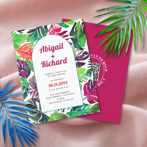 Tropical leaves arch QR code wedding invitation