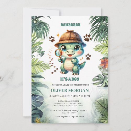 Tropical Leaves Baby Crocodile Bay Boy Shower Invitation