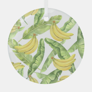 Tropical leaves, bananas, watercolor pattern. glass ornament
