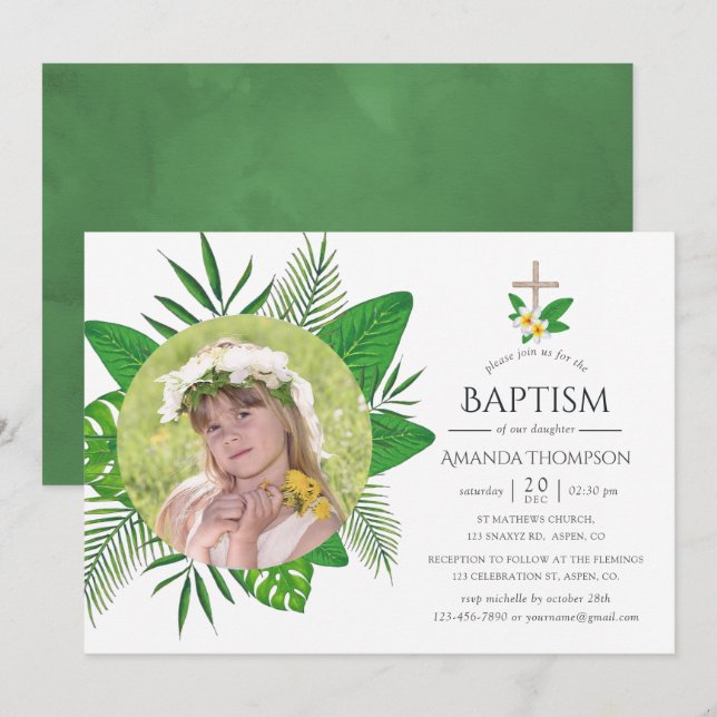 Tropical Leaves Baptism or Christening Invitation (Front/Back)