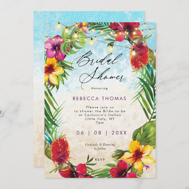 tropical leaves beach bridal shower invitation (Front/Back)