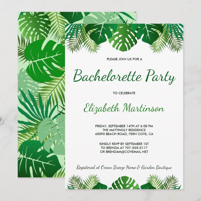 Tropical Leaves Beach Foliage Bachelorette Party Invitation (Front/Back)