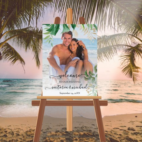 Tropical Leaves Beach Photo Couple Welcome Sign