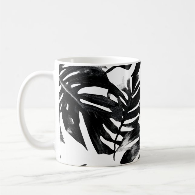 🖤 Tropical Leaves Black and White 🌿 Coffee Mug (Left)