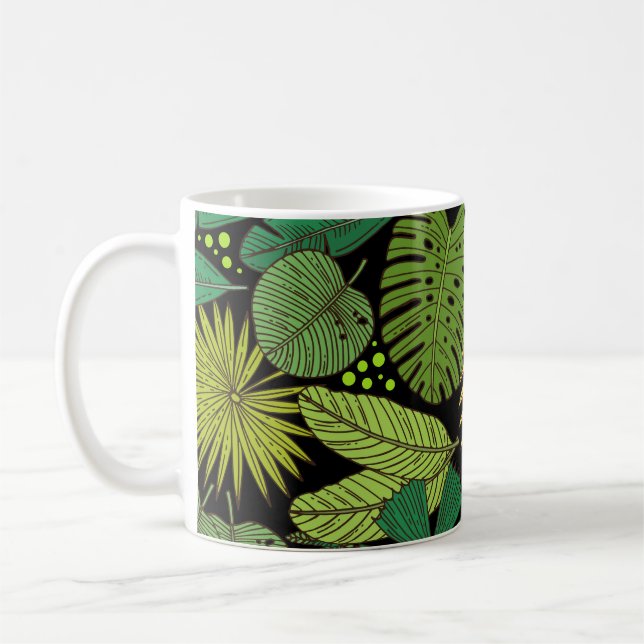 Tropical Leaves Black Background Coffee Mug (Left)