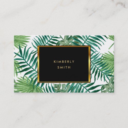 Tropical leaves black gold business cards