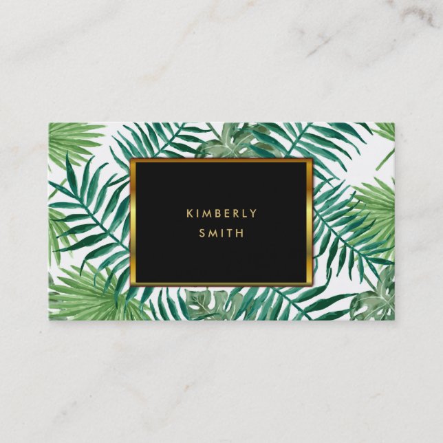 Tropical leaves black gold business cards (Front)