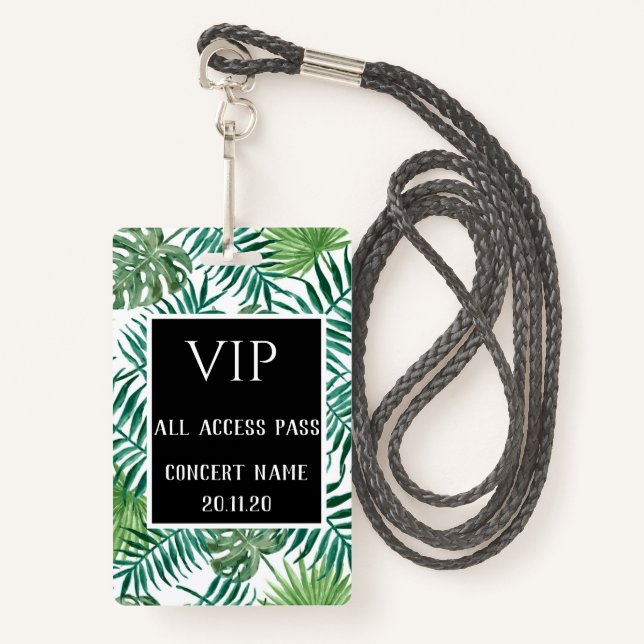 Tropical Leaves Black VIP All Access Pass Concert Badge (Front with Lanyard)