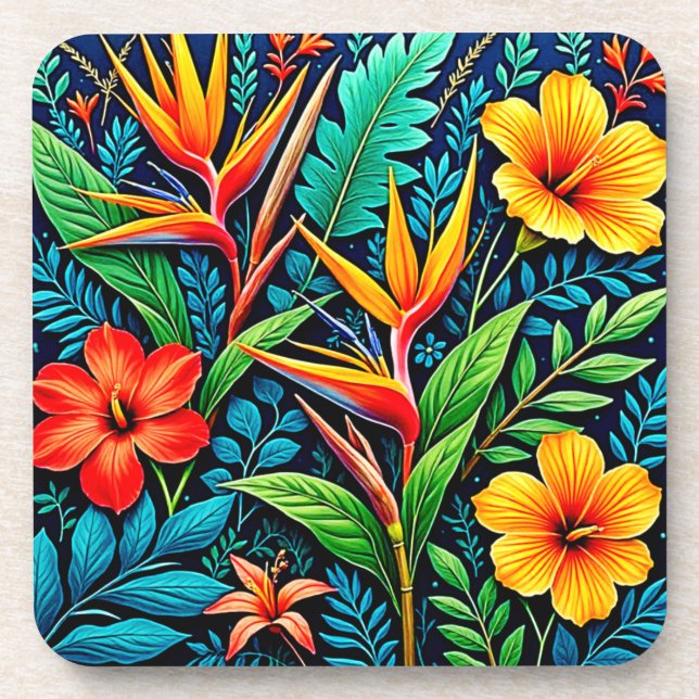 Tropical Leaves Bloom Art Beverage Coaster (Front)
