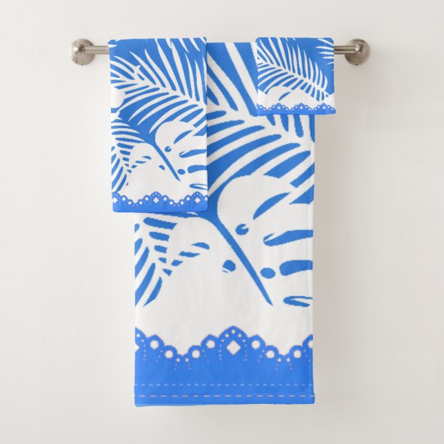Tropical Leaves Blue backed in White Fancy Trim Bath Towel Set (Insitu)