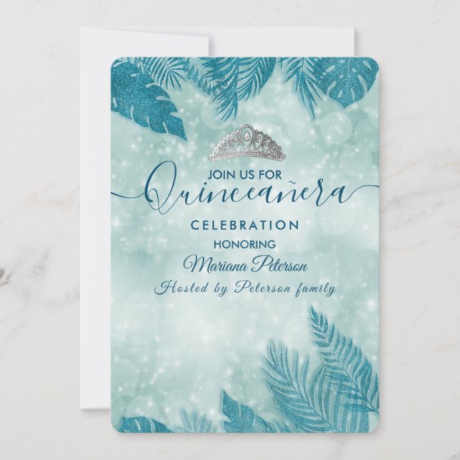 Tropical leaves blue bokeh tiara Quinceañera Invitation (Front)