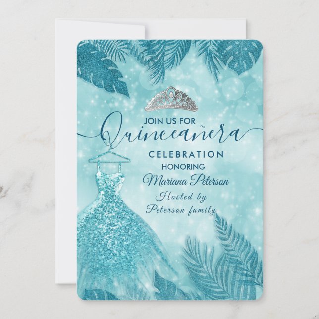 Tropical leaves blue bokeh tiara Quinceañera Invitation (Front)