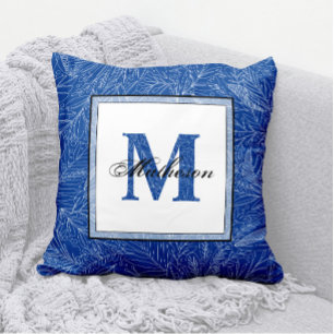 Tropical Leaves Blue Patterned Monogram Line Art Throw Pillow