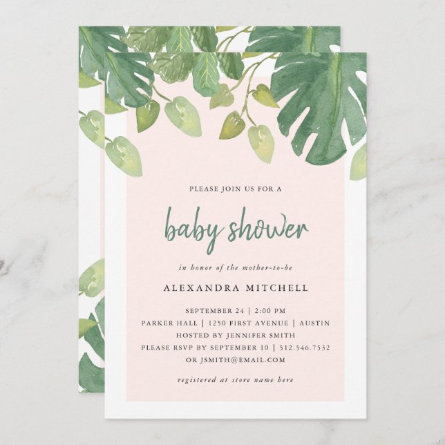 Tropical Leaves | Blush and Green Baby Shower Invitation (Front/Back)