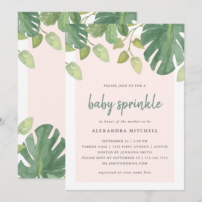 Tropical Leaves | Blush and Green Baby Sprinkle Invitation (Front/Back)