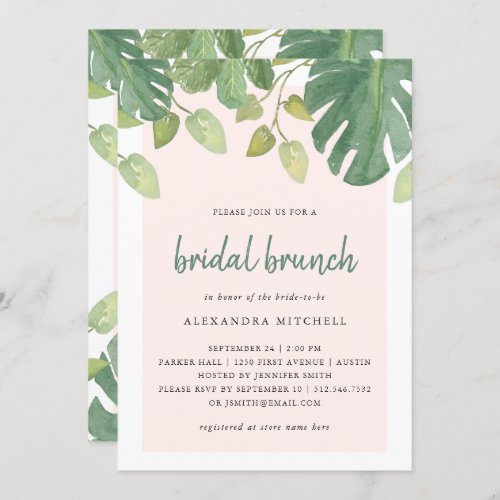 Tropical Leaves  Blush and Green Bridal Brunch Invitation