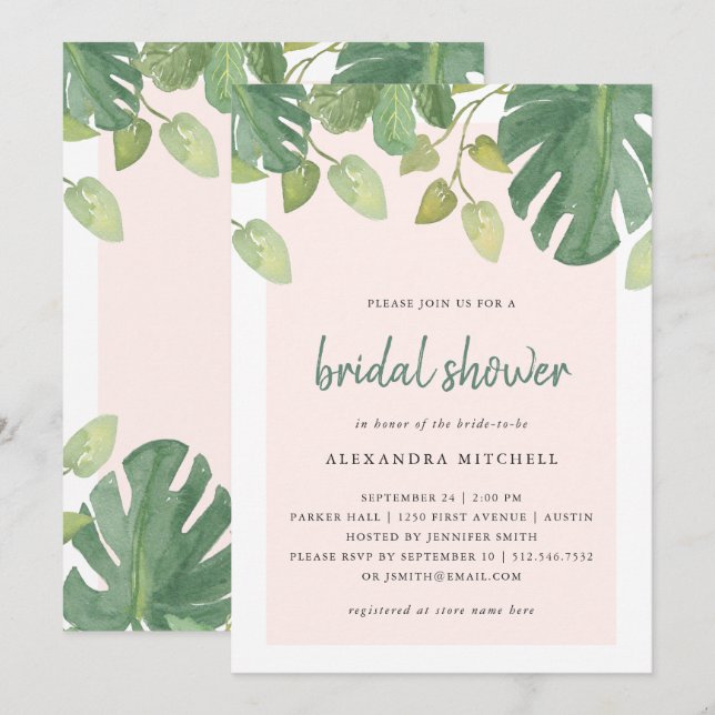 Tropical Leaves | Blush and Green Bridal Shower Invitation (Front/Back)