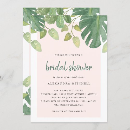 Tropical Leaves  Blush and Green Bridal Shower Invitation
