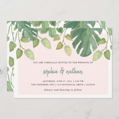 Tropical Leaves  Blush and Green Wedding Invitation