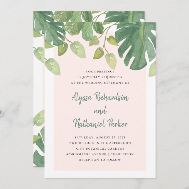 Tropical Leaves | Blush and Green Wedding Invitation (Front/Back)