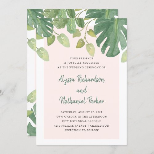 Tropical Leaves  Blush and Green Wedding Invitation