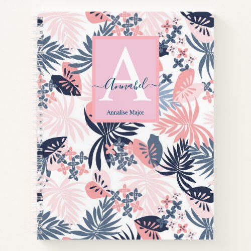 Tropical Leaves Blush pink  navy  Monogrammed Notebook