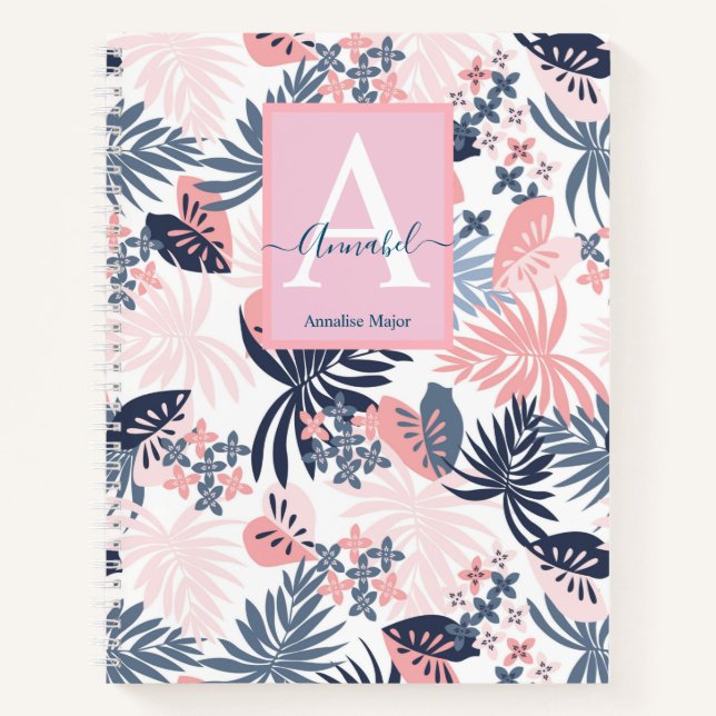 Tropical Leaves Blush pink & navy  Monogrammed Notebook (Front)