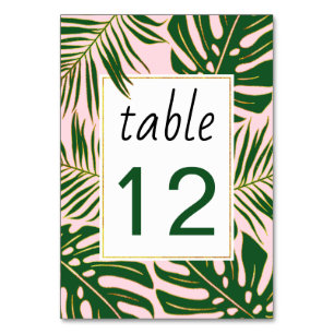 Tropical leaves blush pink wedding table number