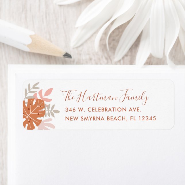 Tropical Leaves Boho Terracotta Orange Blush Pink Label (Insitu)