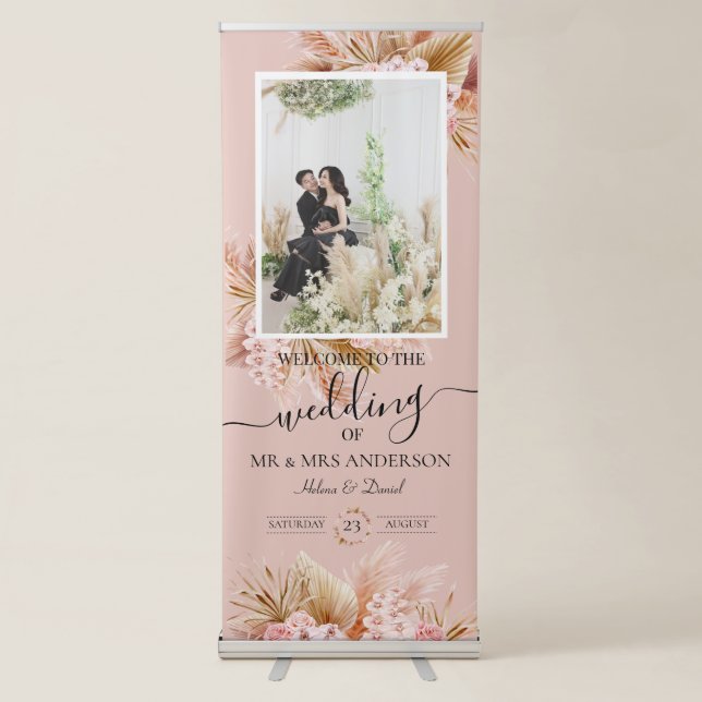 Tropical Leaves Boho Watercolor Frame Wedding Retractable Banner (Front)
