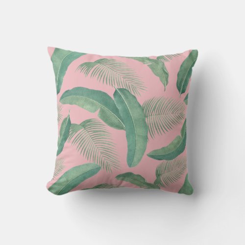 Tropical Leaves Botanical Print Pink Green Summer Throw Pillow