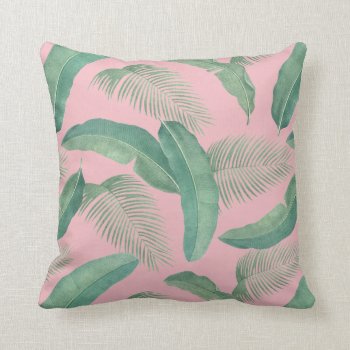 Tropical Leaves Botanical Print Pink Green Summer Throw Pillow by red_dress at Zazzle