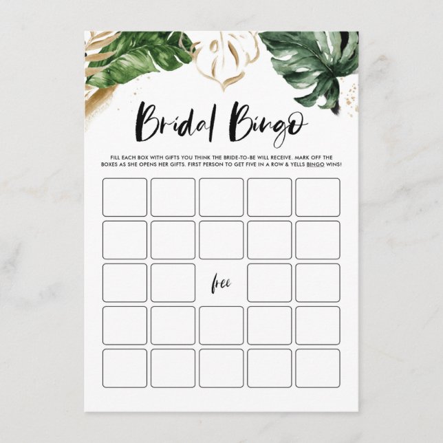 Tropical Leaves Bridal Shower Bingo Game Card (Front)