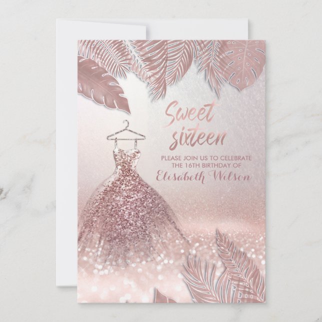 Tropical leaves chic Rose gold glittery dress  Invitation (Front)