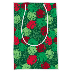Tropical Leaves Christmas Red Green Medium Gift Bag