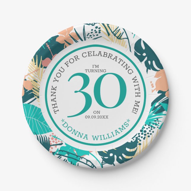 Tropical leaves collage 30th birthday celebration paper plates (Front)