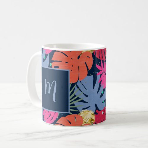 Tropical Leaves Colorful Blue Monogram Initial Coffee Mug